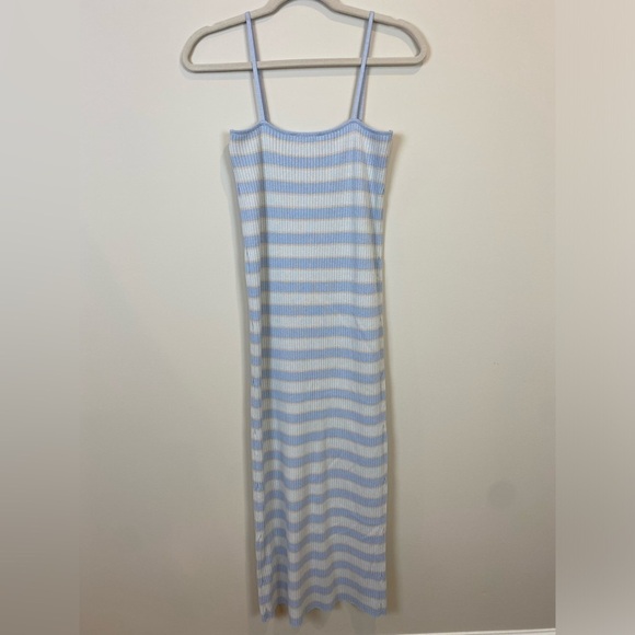 Zara Midi Pastel Striped Ribbed Knit Dress Blue White Beige Spaghetti Strap Sz L - Picture 13 of 16